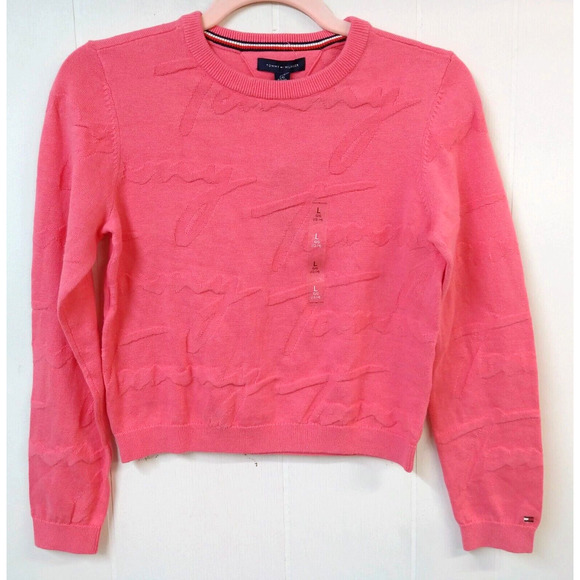 Tommy Hilfiger Youth Girl L (12-14) Sweater NWT Pink Long Sleeve Signature Print - Picture 1 of 5